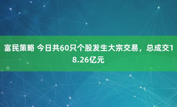 富民策略 今日共60只个股发生大宗交易，总成交18.26亿元